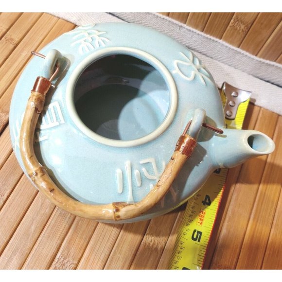 Vintage Mint Green Teapot Asian Japanese Chinese Archaic Calligraphy Writing - Picture 12 of 12